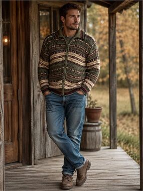 Heirloom Collectibles Fair Isle Zip Sweater Cardigan XL Rustic Cabin